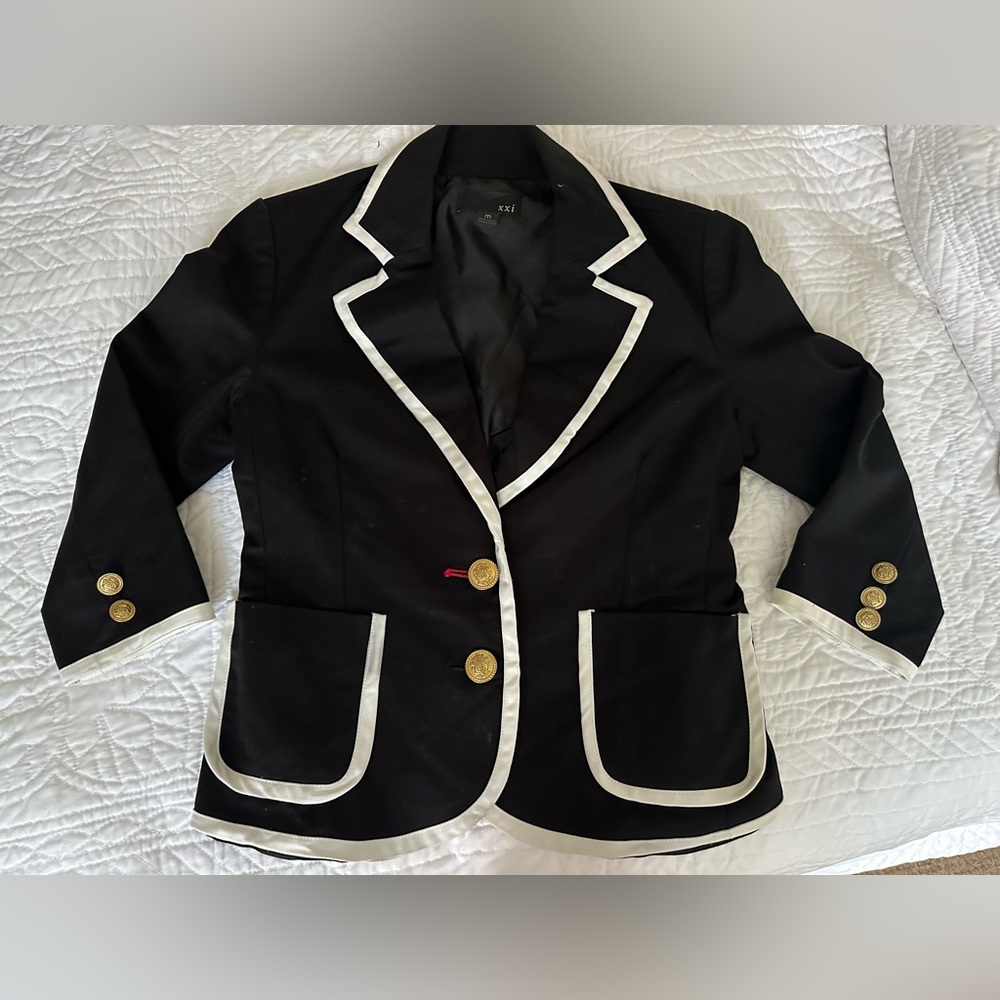 Forever 21 Black Blazer with White Piping and Gold Buttons 3/4 sleeve sz m